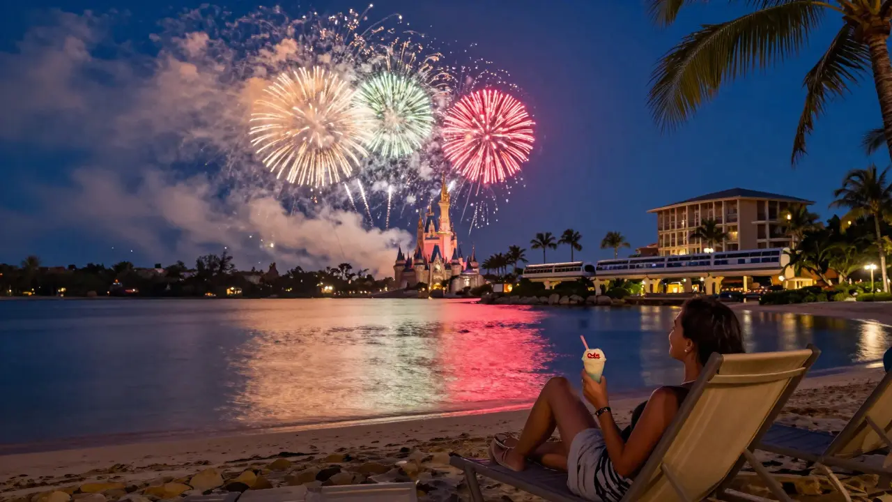 View of Magic Kingdom fireworks from the Polynesian Resort beach at night.