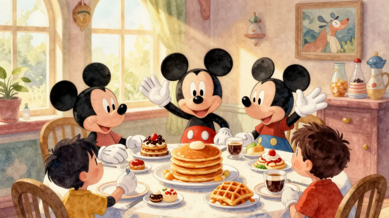 Children enjoying a character breakfast with Mickey Mouse at a Disney buffet.