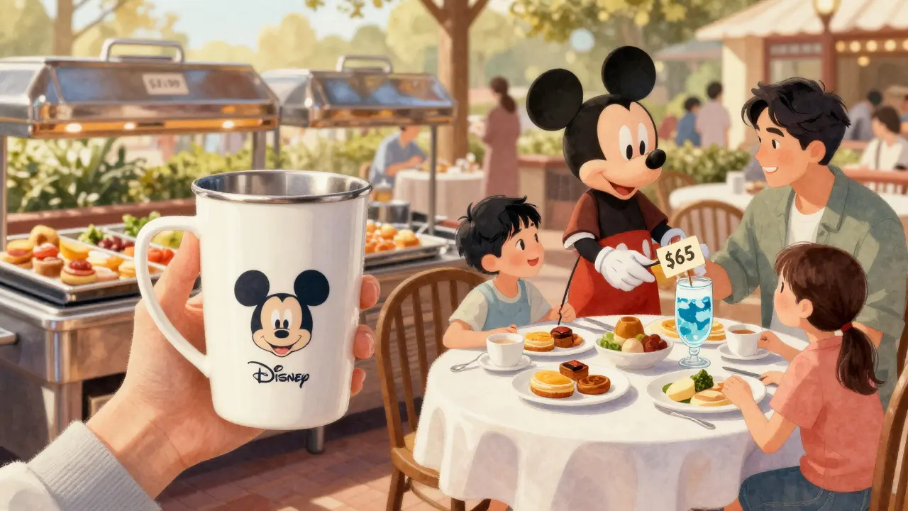 Contrast between a budget-friendly refillable mug and an expensive character breakfast meal.