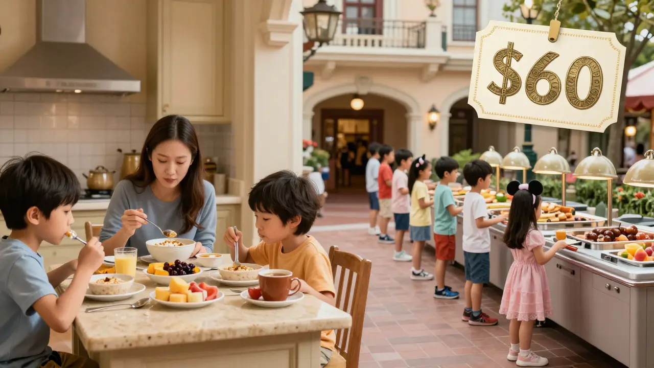 Contrast between cooking breakfast in a villa kitchen and waiting in line for an expensive character meal.