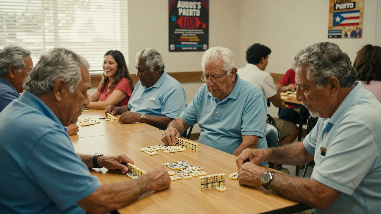 Elderly men playing dominoes at a community center, younger relatives watching and smiling.