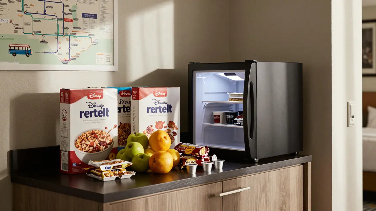 Family unpacking grocery delivery in their Disney resort room for a self-made breakfast.