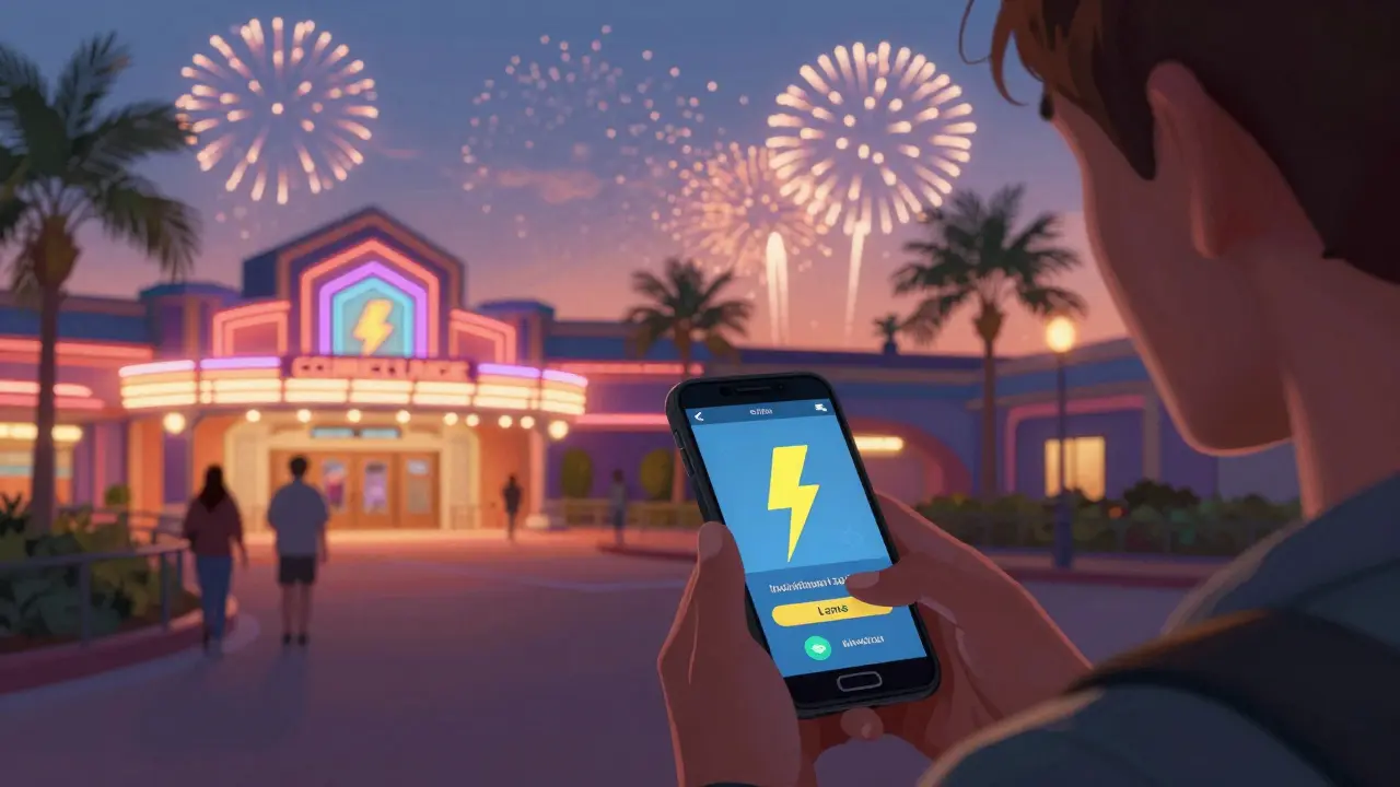 Guest scanning a Lightning Lane pass for a ride at Epcot as fireworks begin.