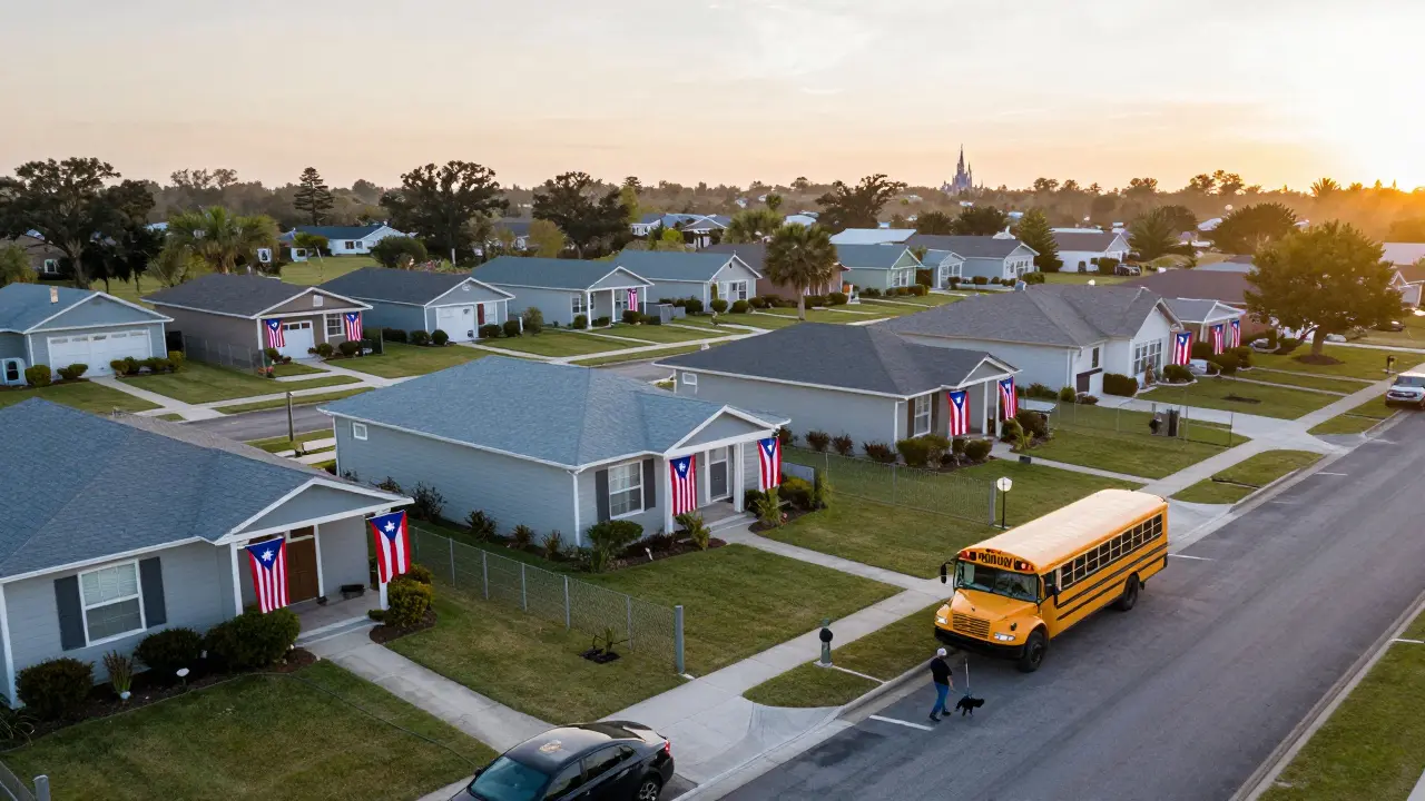 Residential neighborhood in Kissimmee with Puerto Rican and American flags on porches at sunrise.