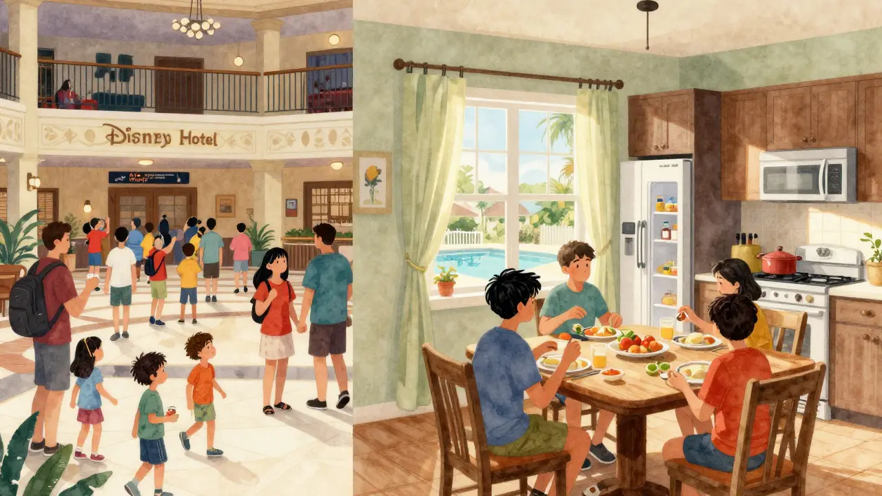 Split-screen contrast: chaotic Disney hotel lobby vs. peaceful family breakfast in a Kissimmee kitchen.