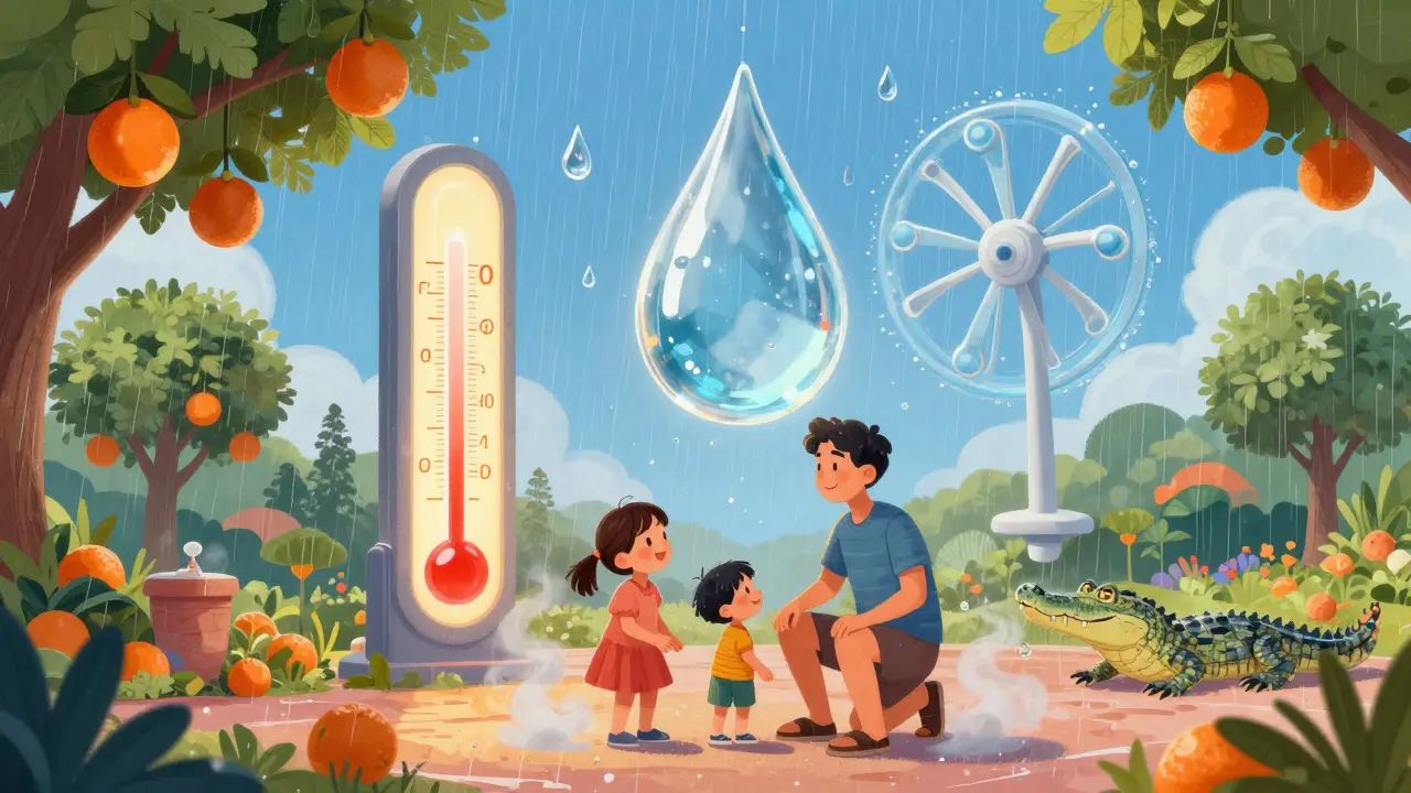 Surreal image of a giant raindrop cooling a family at a Florida resort, with thermometer dropping and orange groves floating nearby.