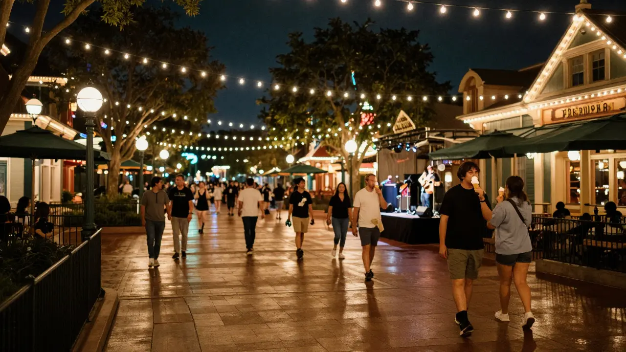 Vibrant nighttime scene at Disney Springs with string lights and people enjoying the atmosphere.